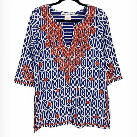Gretchen Scott Blue Orange Stripe Embroidered Tunic Top Womens Size Medium M - Picture 1 of 7